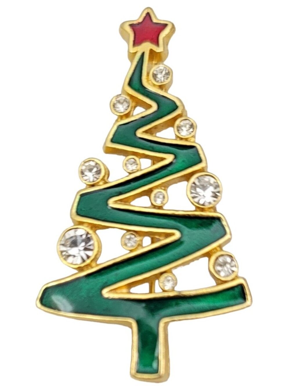 Lia Gold Tone Green Enamel Clear Rhinestone Christmas Tree Pin Brooch, N79